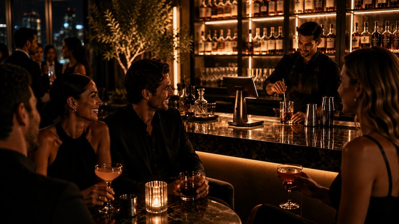 Guests enjoying cocktails at a hotel bar