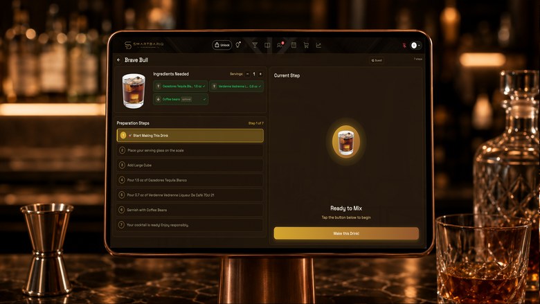 The SmartBarIQ screen guiding a recipe