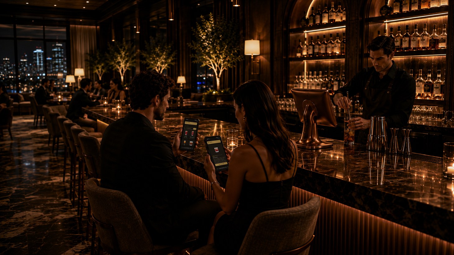 Guests ordering from a tablet at a hotel bar