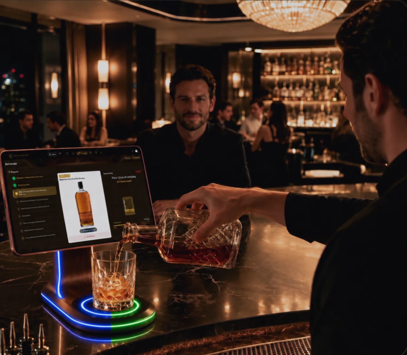 A bartender pouring into a glass on the SmartBarIQ scale, the screen guiding the step and the ring of light on the base filling as the pour goes in