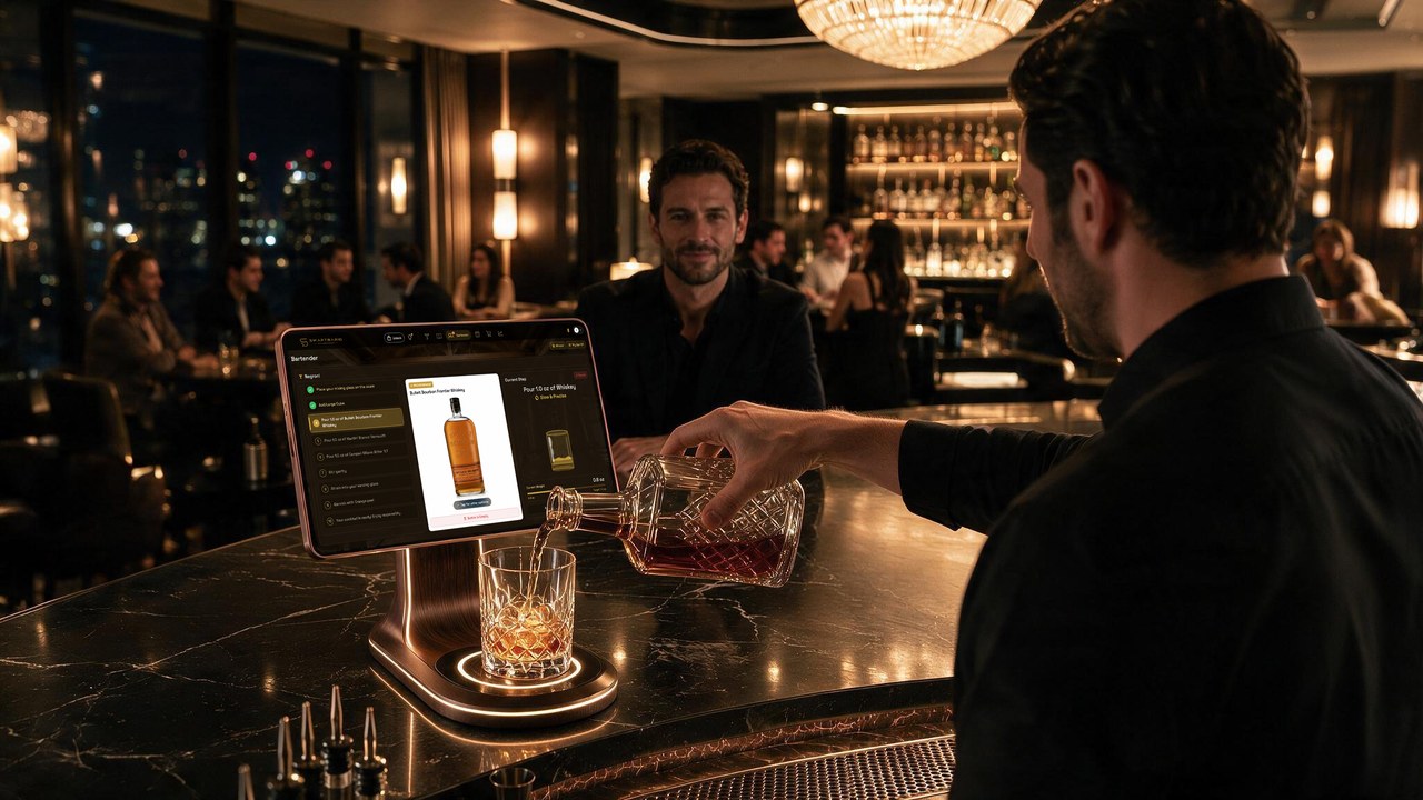 A bartender pouring a measured drink on the SmartBarIQ scale