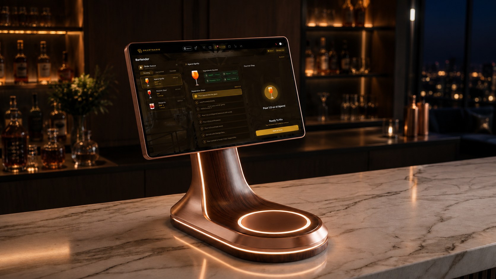 SmartBarIQ Solo on a marble bar at night, Bartender Mode showing an Aperol Spritz order