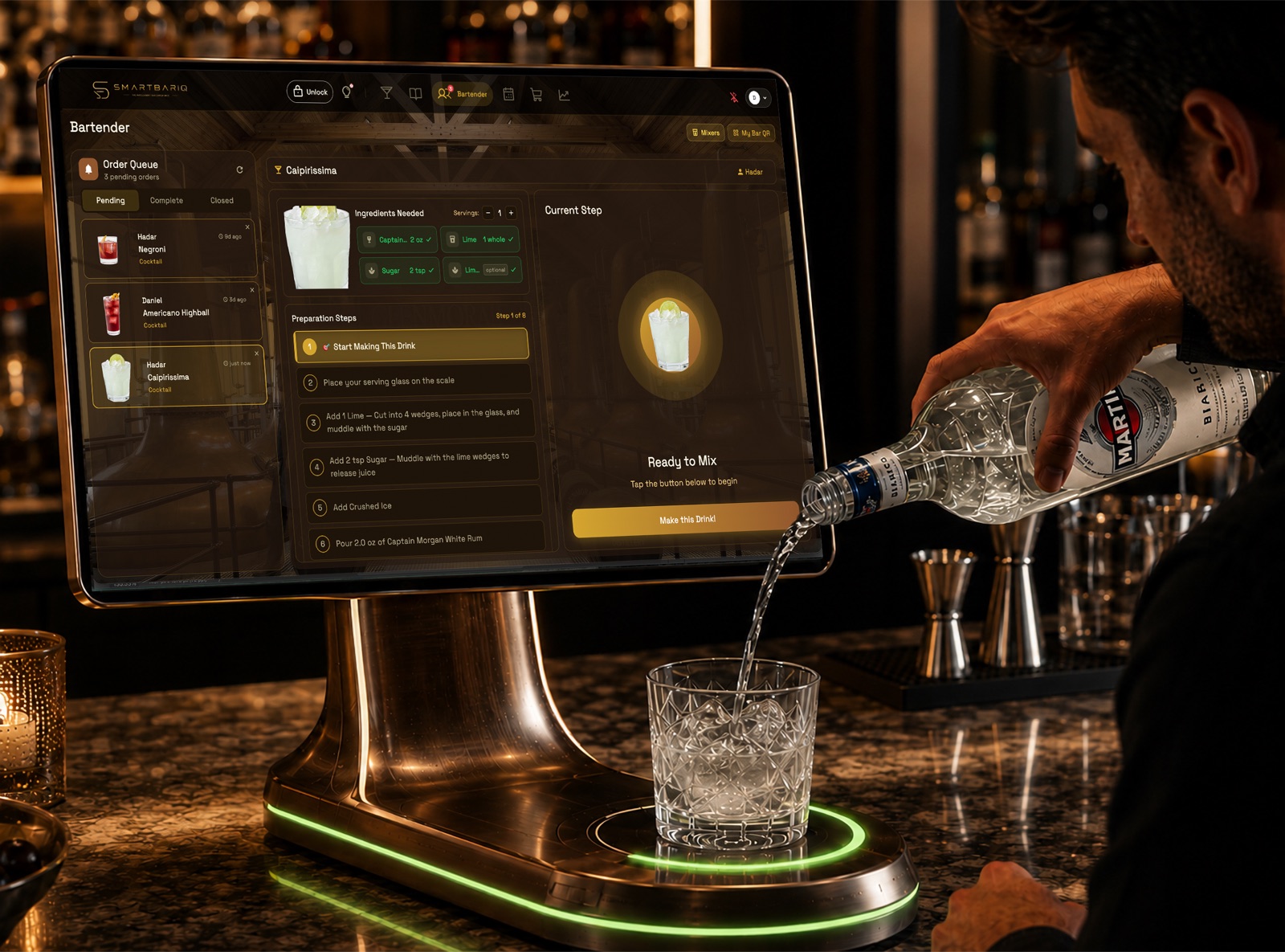 The host pouring a cocktail on the Solo scale, guided by Bartender Mode