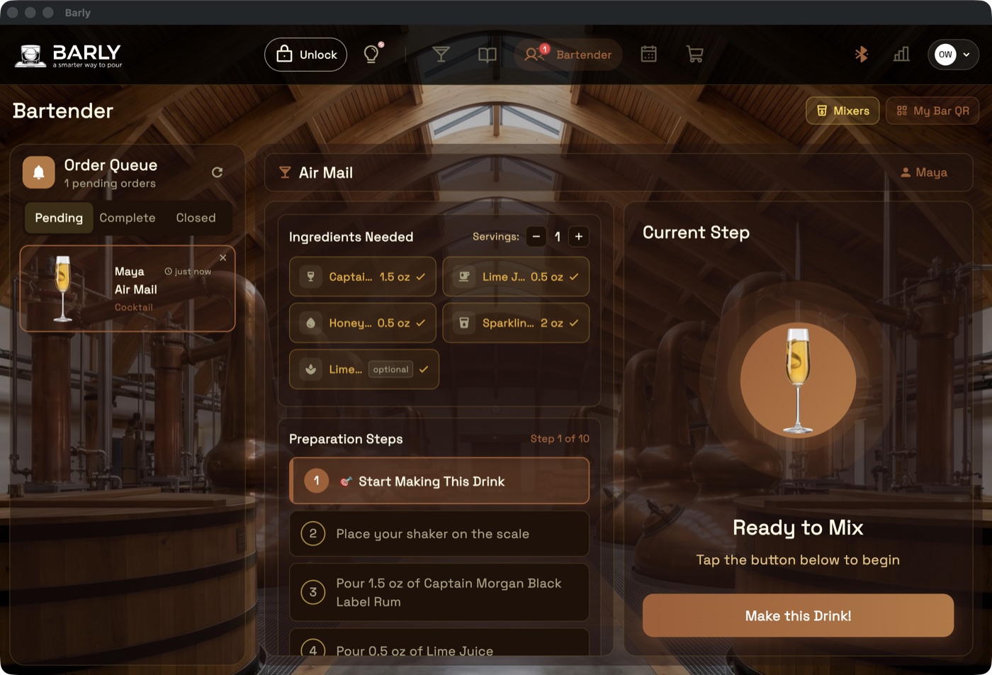 Bartender order queue with a guest order