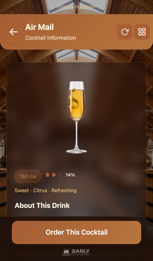 Cocktail detail page on a guest's phone — ingredients, strength, and one-tap order