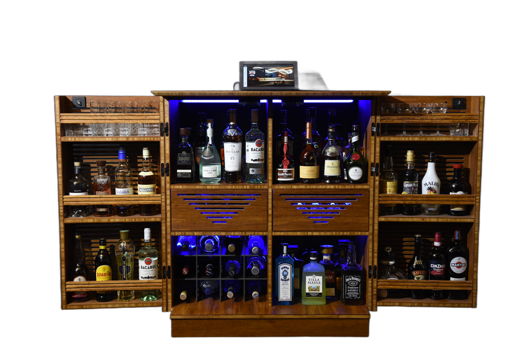 The SmartBarIQ cabinet open — a full home bar of spirits, glassware, and LED-lit shelves