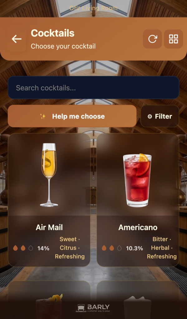 Guest phone showing tonight's live cocktail menu