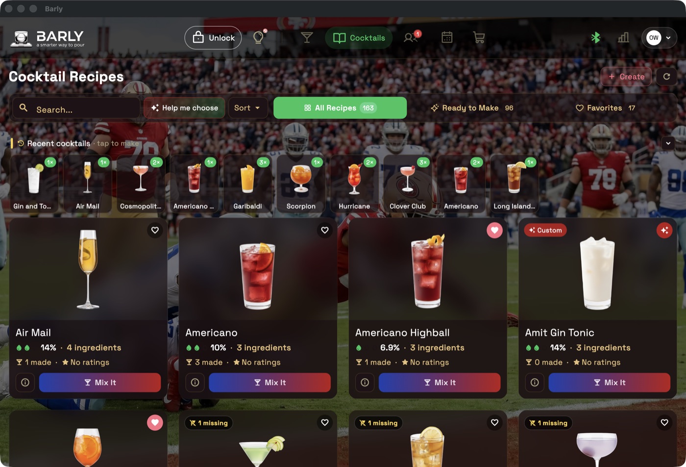 Cabinet tablet cocktail menu in the Game Day theme