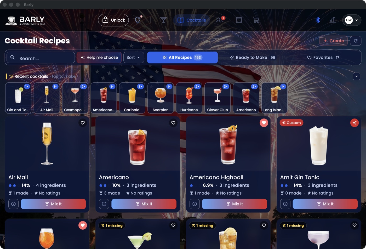 Cabinet tablet cocktail menu in the Independence Day theme