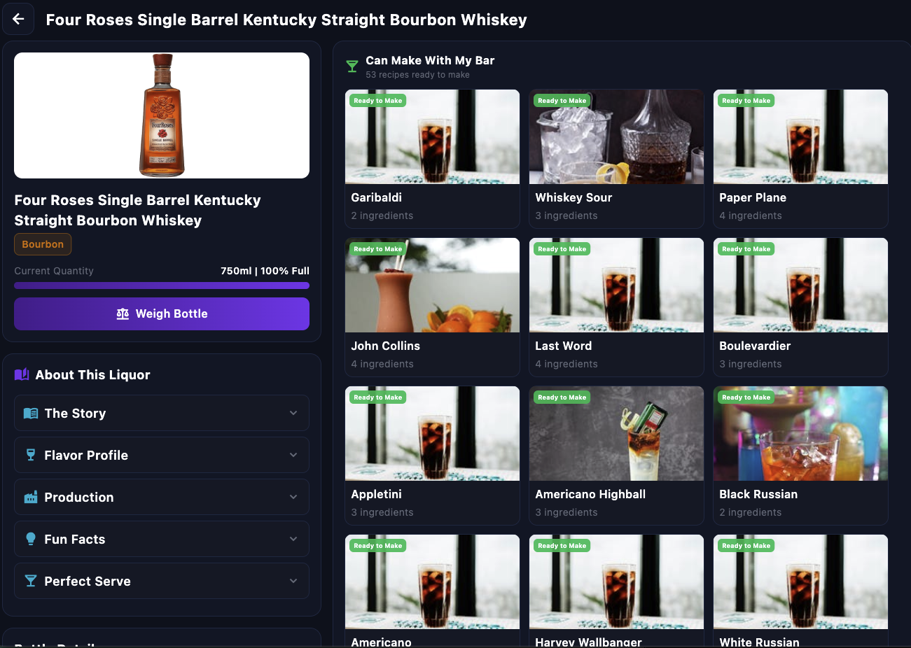 Bottle details and cocktail suggestions
